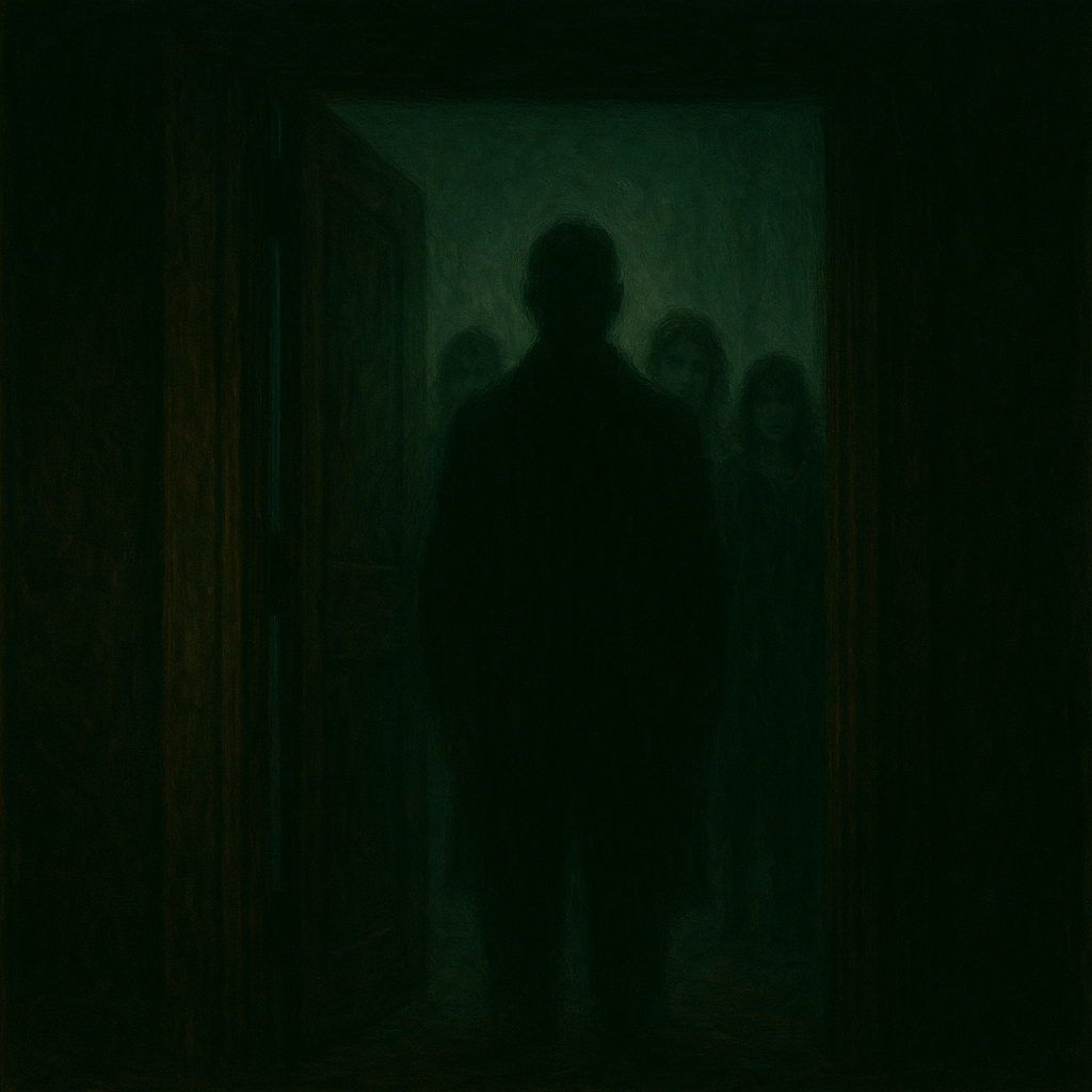 A dimly lit doorway with silhouetted figures emerging from the mist, hinting at Corin’s return or the arrival of new personas in The Vanishing Room.