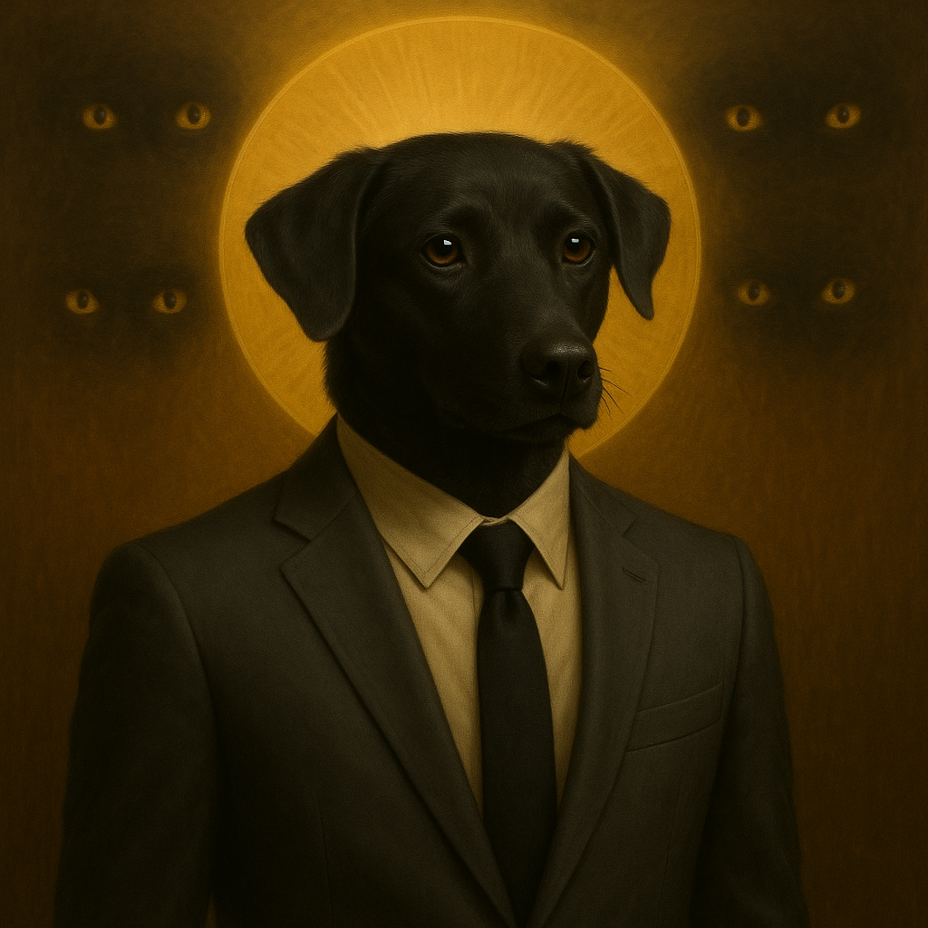 A stylized portrait of a black aspin dog wearing a suit and tie, depicted in a painterly, golden-toned style. A radiant golden halo glows behind the dog's head, while three pairs of mysterious glowing eyes appear in the dark background, creating an atmosphere of reverence and quiet mystique.