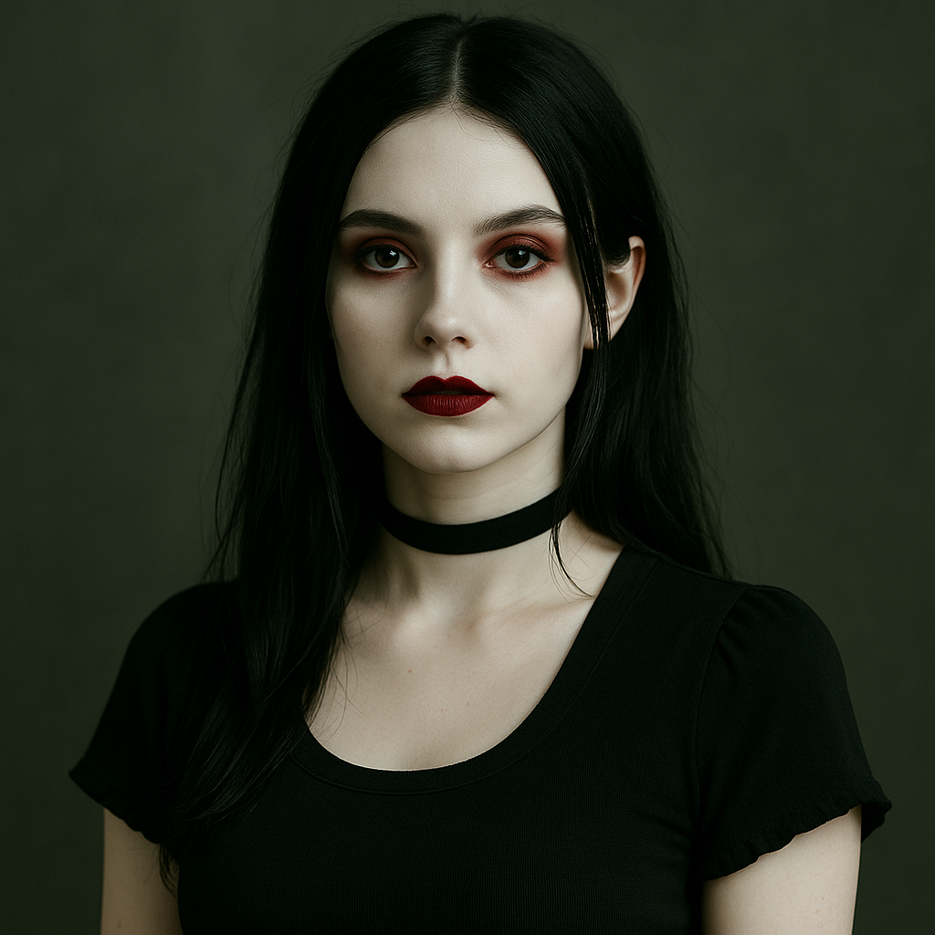 A portrait of a young woman with a modern gothic style, featuring long black hair, pale skin, and deep red lipstick. She wears a simple black top and a velvet choker against a dark, softly lit background, giving her an elegant yet mysterious appearance.