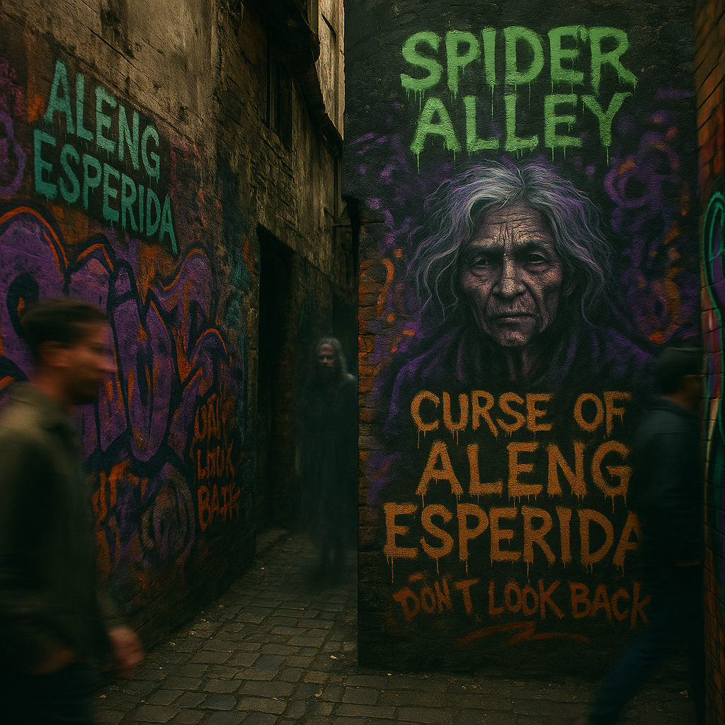 Graffiti of Aleng Esperida painted on the cracked walls of Spider Alley, glowing under dim streetlight.