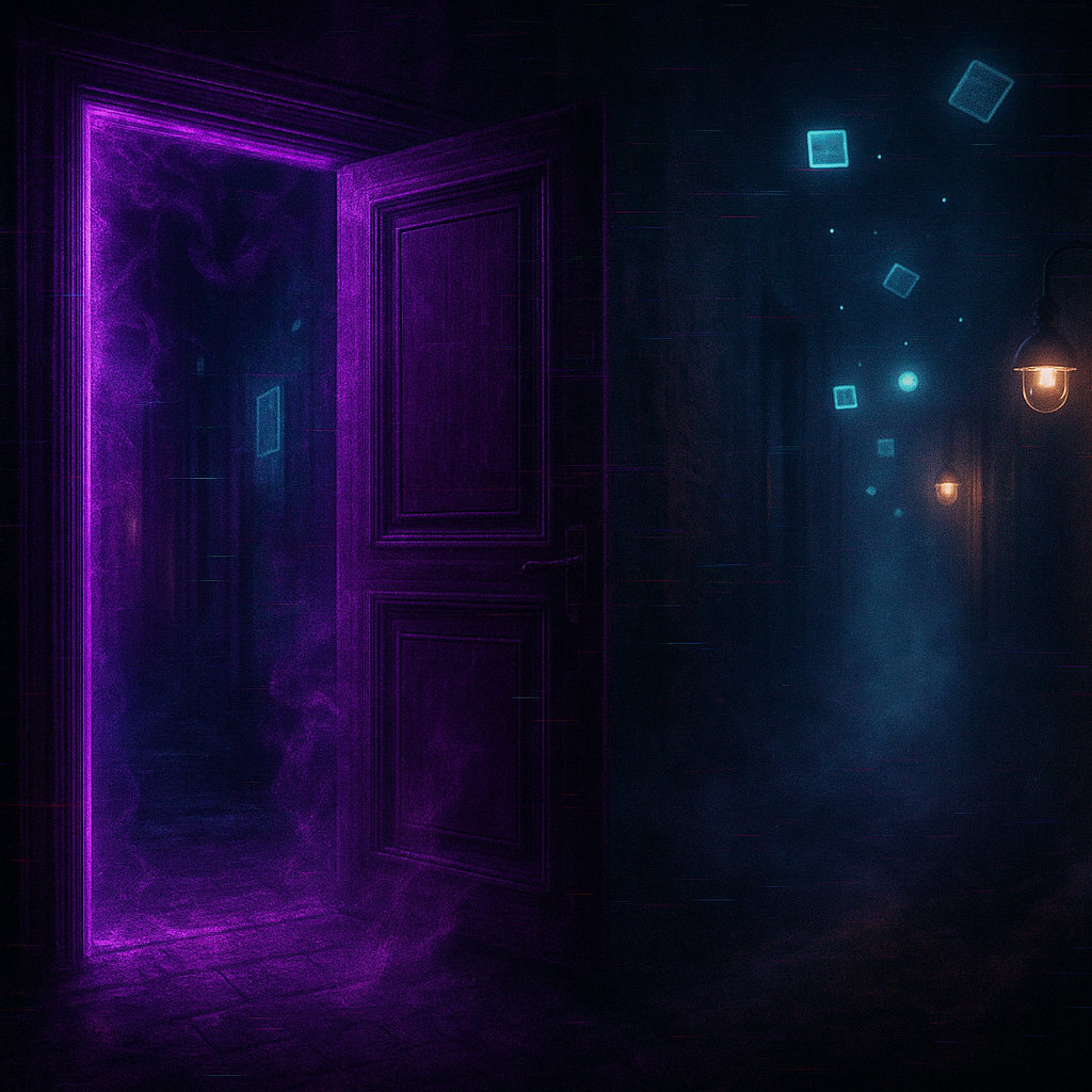 Dim corridor lit by violet glow, evoking The Vanishing Room’s eerie threshold.