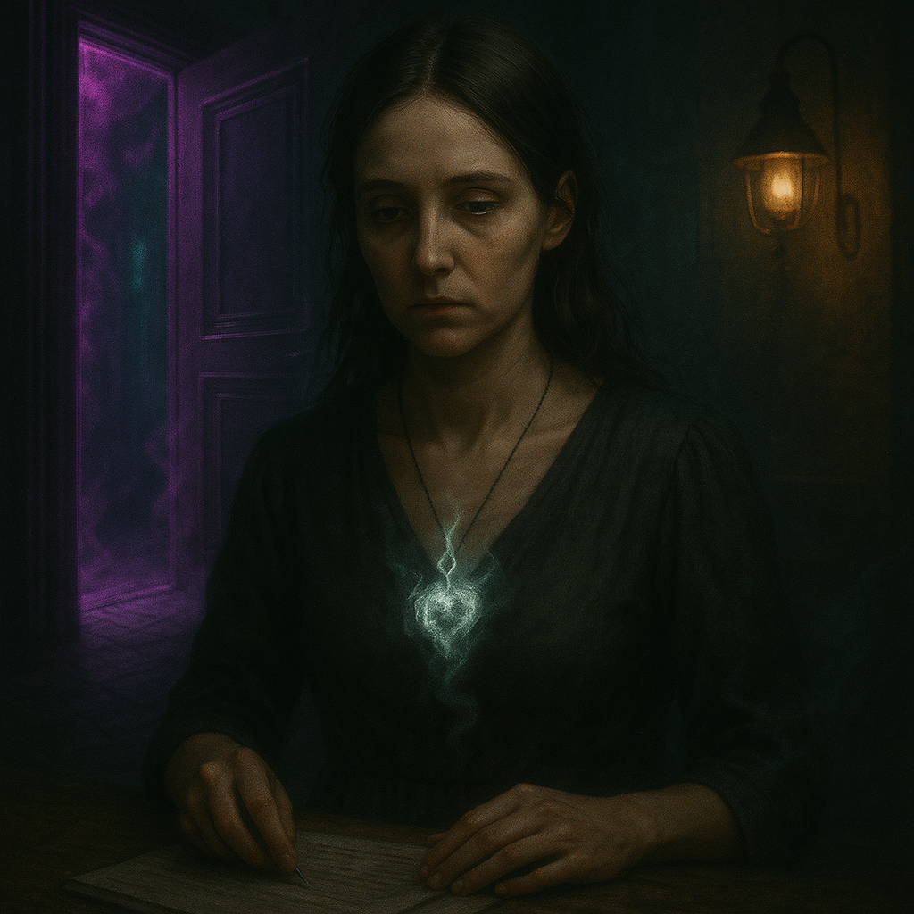 Portrait of a solemn woman in warm light holding a pendant, reflecting themes of remembrance and longing.