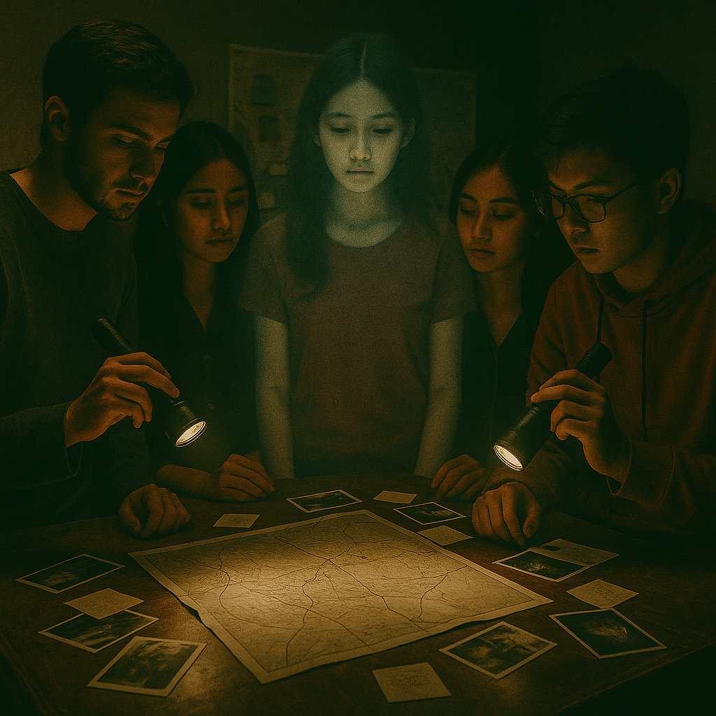 Group of five figures in candlelight, united in silence, symbolizing shared fate and quiet resistance.