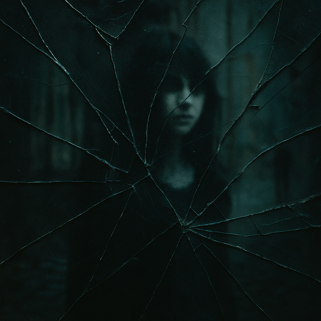Woman’s reflection fractured through broken mirror, symbolizing a fading self.