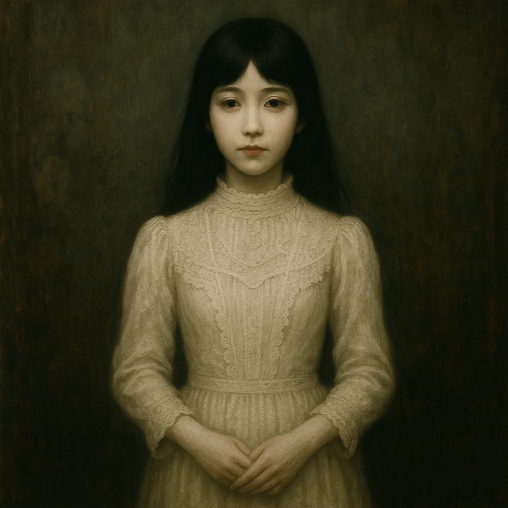 A pale young woman with dark hair in muted tones, looking directly at the viewer — both present and elsewhere.