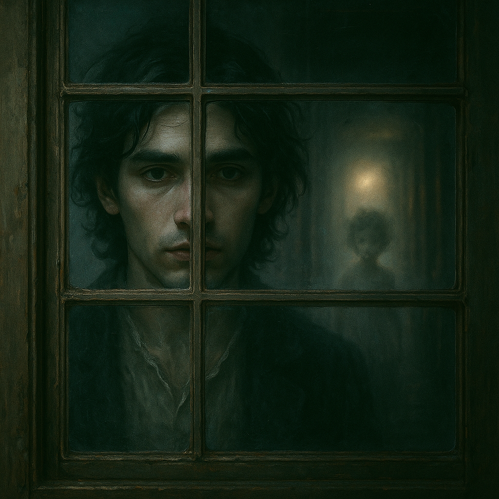 Man gazing through a fogged window, haunted by unseen echoes.