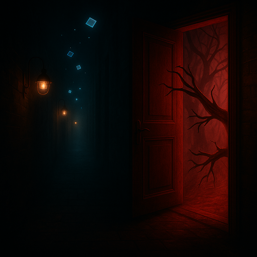 A red door glowing faintly in darkness, a new variation of the original threshold.