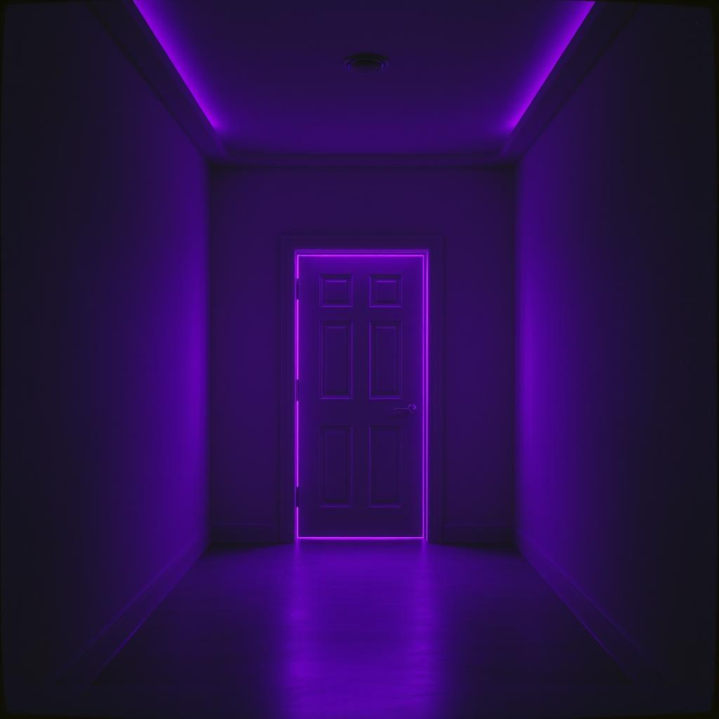 A surreal corridor illuminated by violet light, leading to a dissolving door surrounded by whispers.