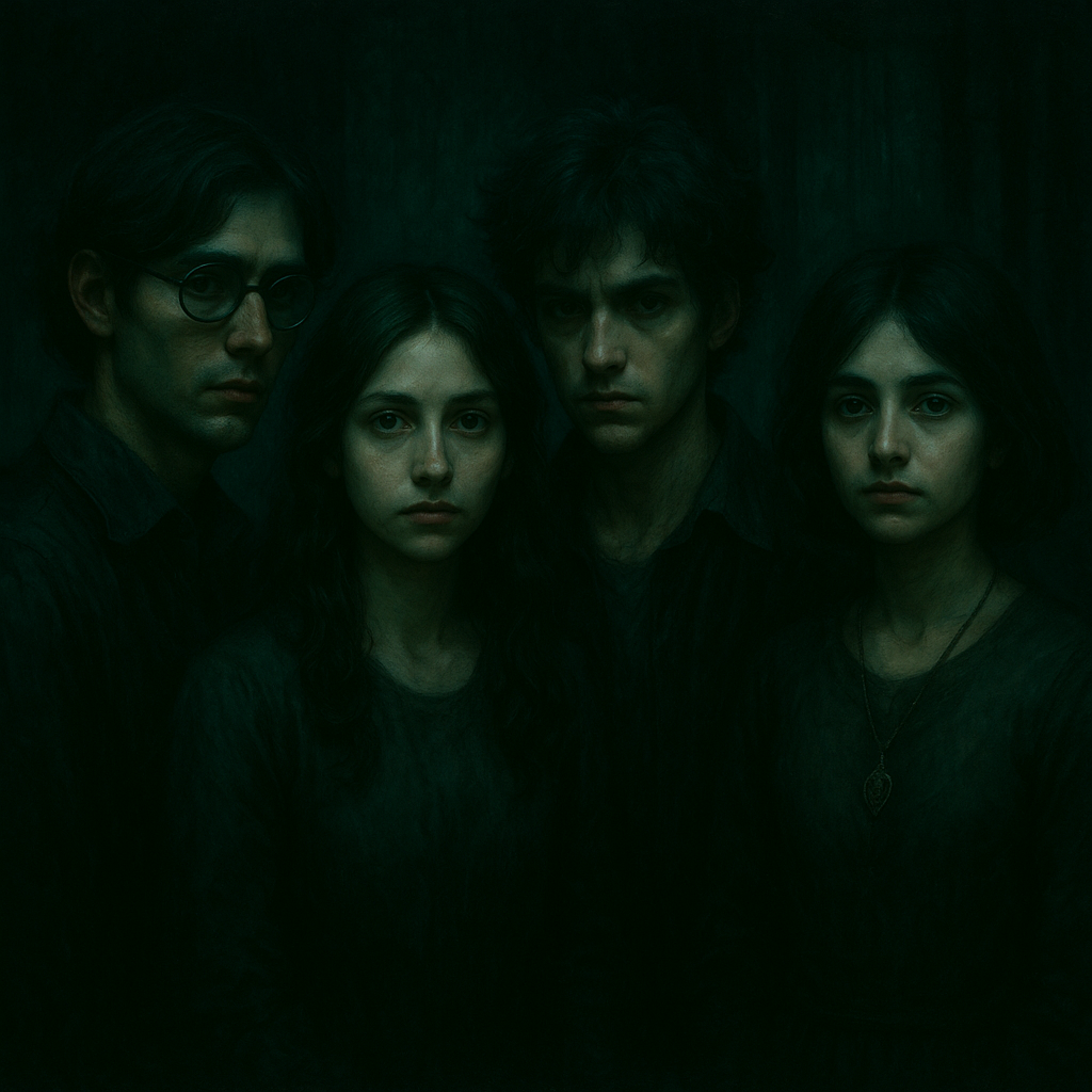 A dark painterly portrait of four mysterious figures, representing the players and storytellers who weave the myth of Spider Alley.