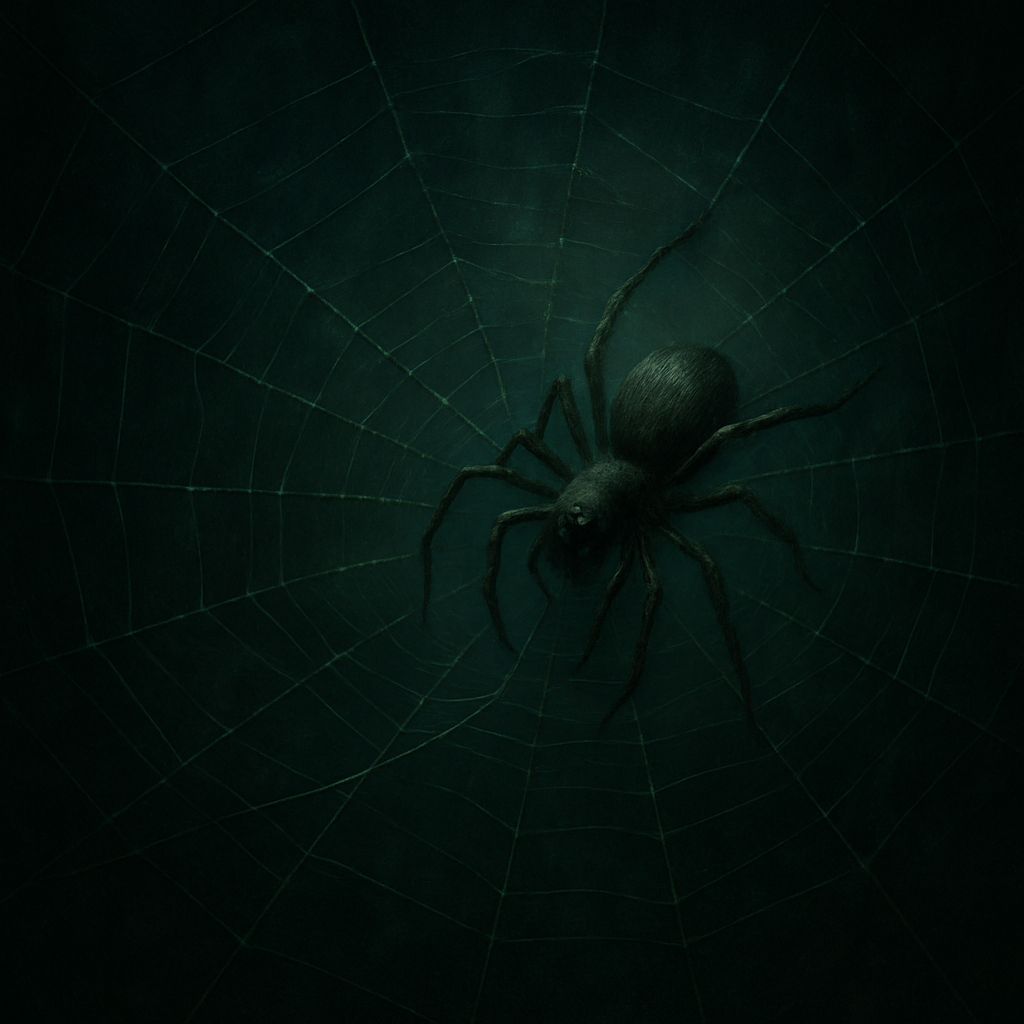 A surreal depiction of a spider spinning a web beneath dim light, symbolizing the ever-growing threads of Spider Alley and The Vanishing Room.
